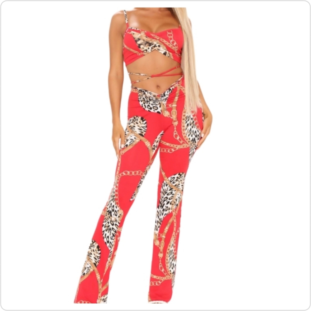 Fashion Nova Vibrant Red and Animal Print Flare Jumpsuit